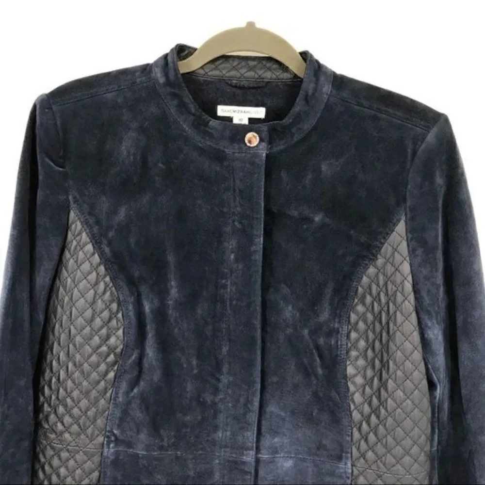 Isaac Mizrahi Live navy long sleeves leather jacket zipper closure women size 10